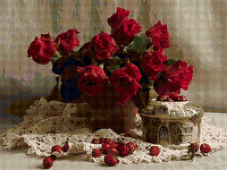 красные розы - ваза, натюрморт, красные, букет, розы - предпросмотр