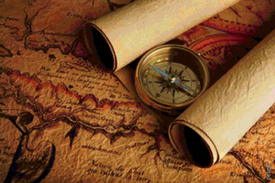компас пирата - карта, монеты, картина, красота, компас, натюрморт - предпросмотр