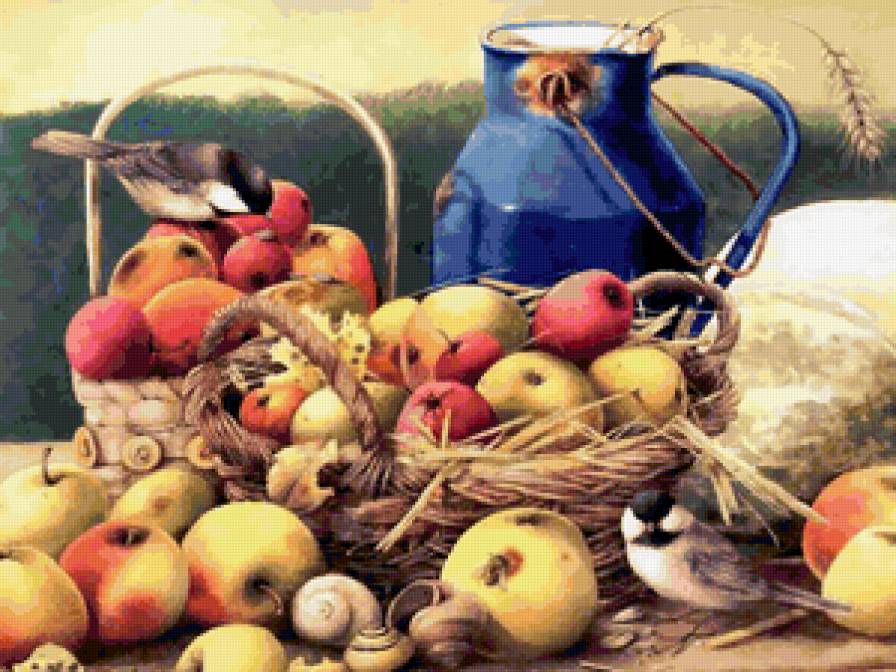 Корзина с яблоками - птицы, корзинка, яблоки, воробьи - предпросмотр