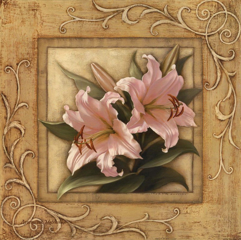 Лилии - розовые лепестки, цветы, флора, узоры, панно, нежность, лилии - оригинал