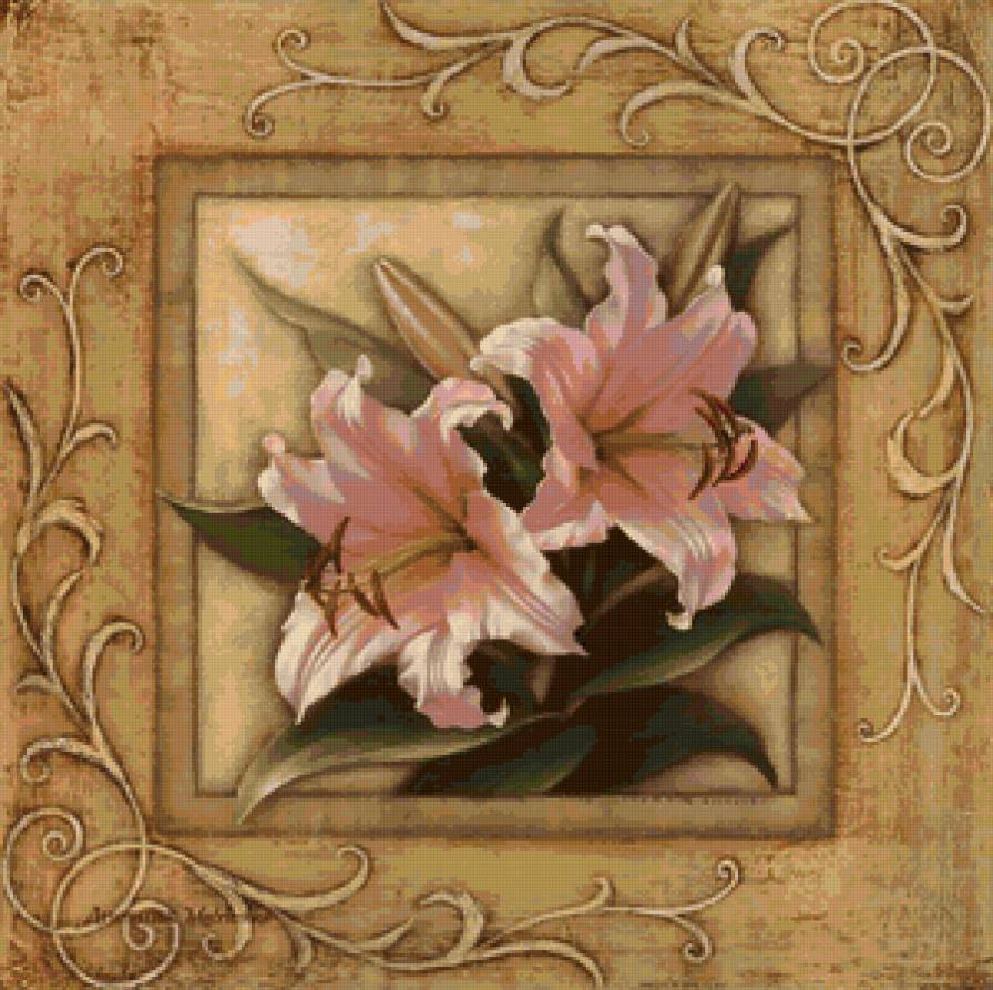 Лилии - розовые лепестки, панно, флора, узоры, цветы, нежность, лилии - предпросмотр