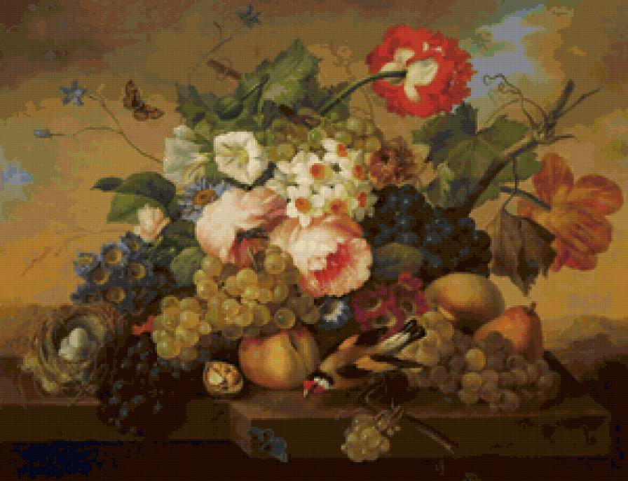 №132499 - букет, фрукты, цветы, птицы - предпросмотр