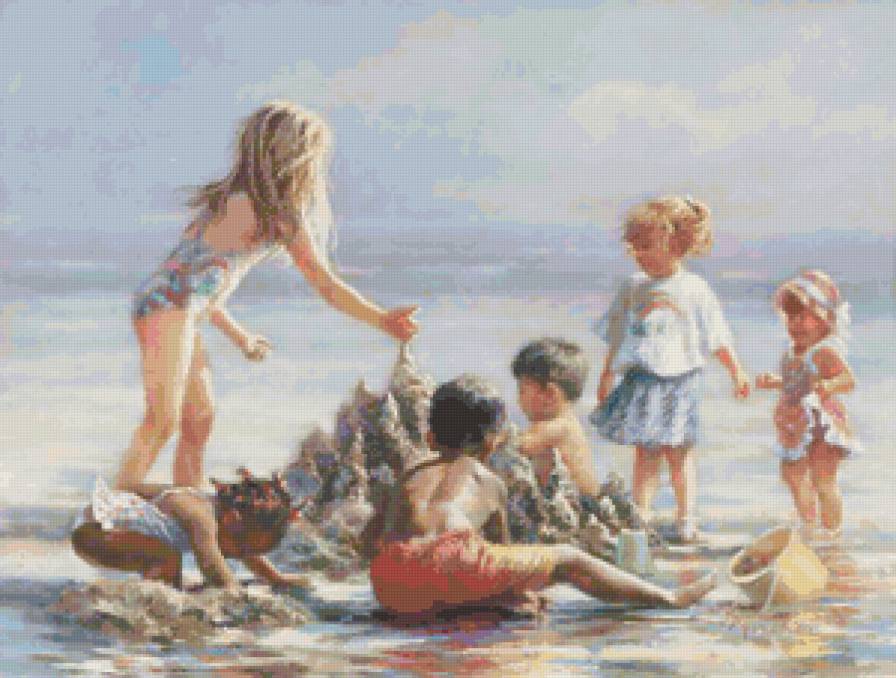 Дети на пляже - картина, люди, пляж, дети, пейзаж, море, морской пейзаж - предпросмотр