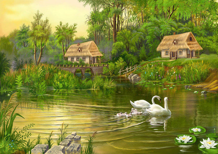 лебединая семья - природа, озеро, дом, птицы, пейзаж, лебеди - оригинал