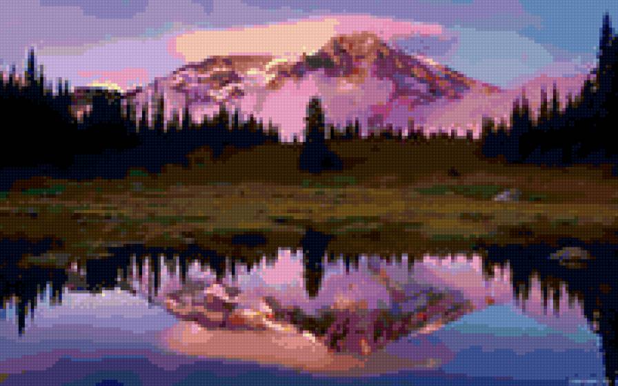 закат - отражение, водопад, закат, вода, гора, природа, деревья, елки, пейзаж - предпросмотр