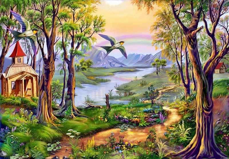 природа - лес, пейзаж, природа, деревья, птицы, вода - оригинал