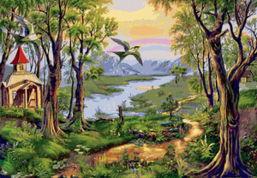 природа - природа, лес, вода, птицы, деревья, пейзаж - предпросмотр