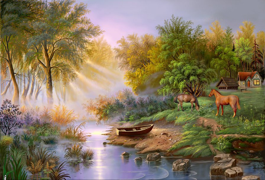 природа - природа, деревья, пейзаж, лошади, вода, лодка - оригинал