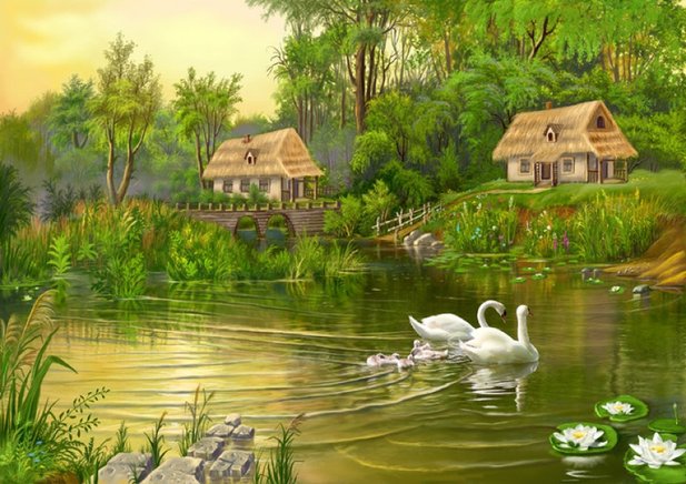 лебеди - пейзаж, лебеди, природа, озеро, птицы, домик - оригинал
