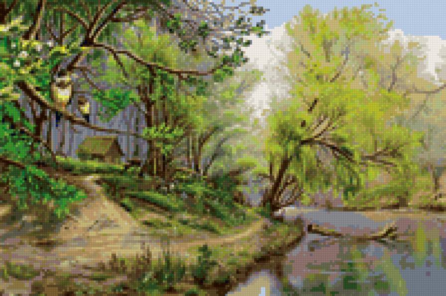 лес - лес, природа, пейзаж, тропинка, деревья, птица, ива, речка - предпросмотр