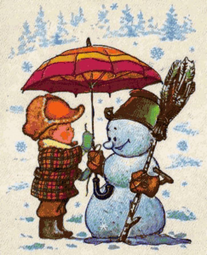 Мальчик и снеговик - снеговик, мальчик, снежинки, новый год, открытка, зима - предпросмотр