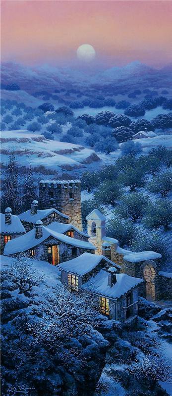 Зимняя ночь - домики, живопись - оригинал