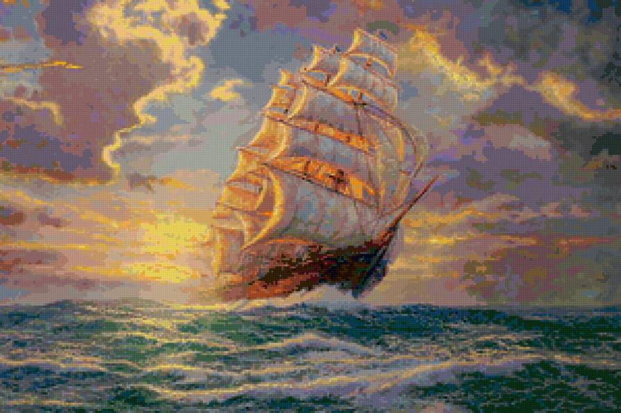 Фрегат - картина, морской пейзаж, корабль, море, пейзаж - предпросмотр