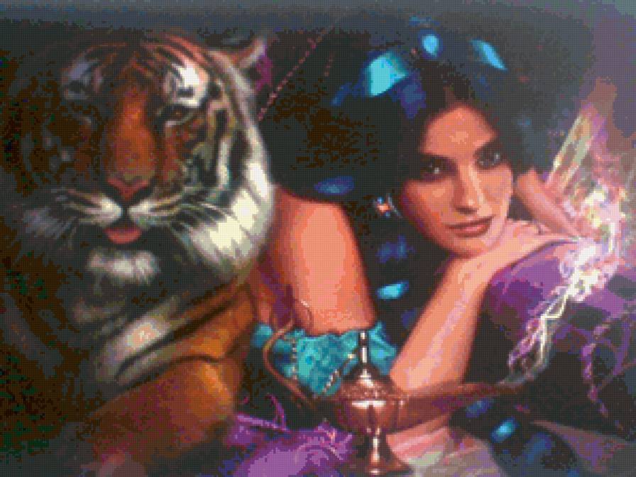 Восточные сказки - тигр, девушка, восток, лампа - предпросмотр