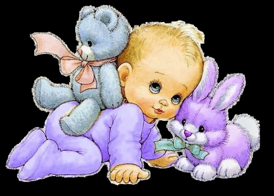 Детские картинки "Малыш с мишкой и зайкой" - зайка, детская картинка, мишка - оригинал