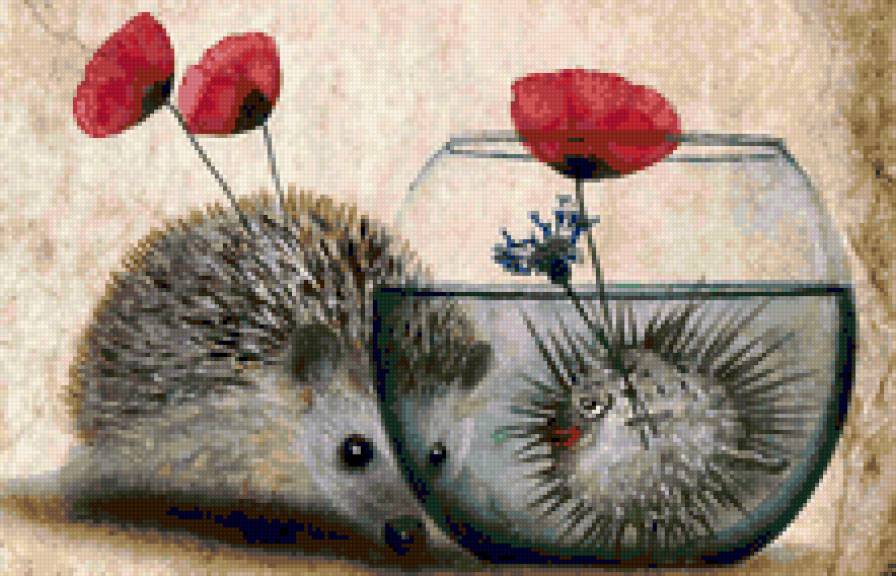 Необычное знакомство - еж, ежики, цветы, аквариум, веселый ежик, ежик, рыбка, рыба - предпросмотр