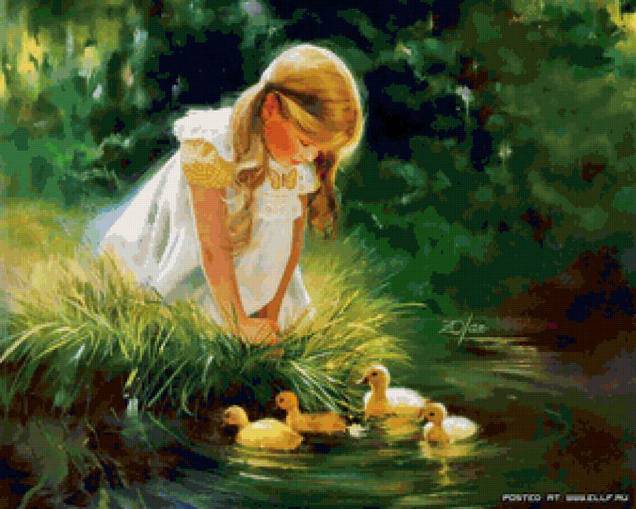 Девочка и утята - девочка, живопись, пейзаж, птицы - предпросмотр