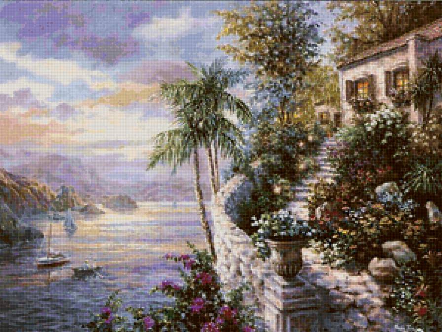 Морской пейзаж - цветы, море, дом - предпросмотр