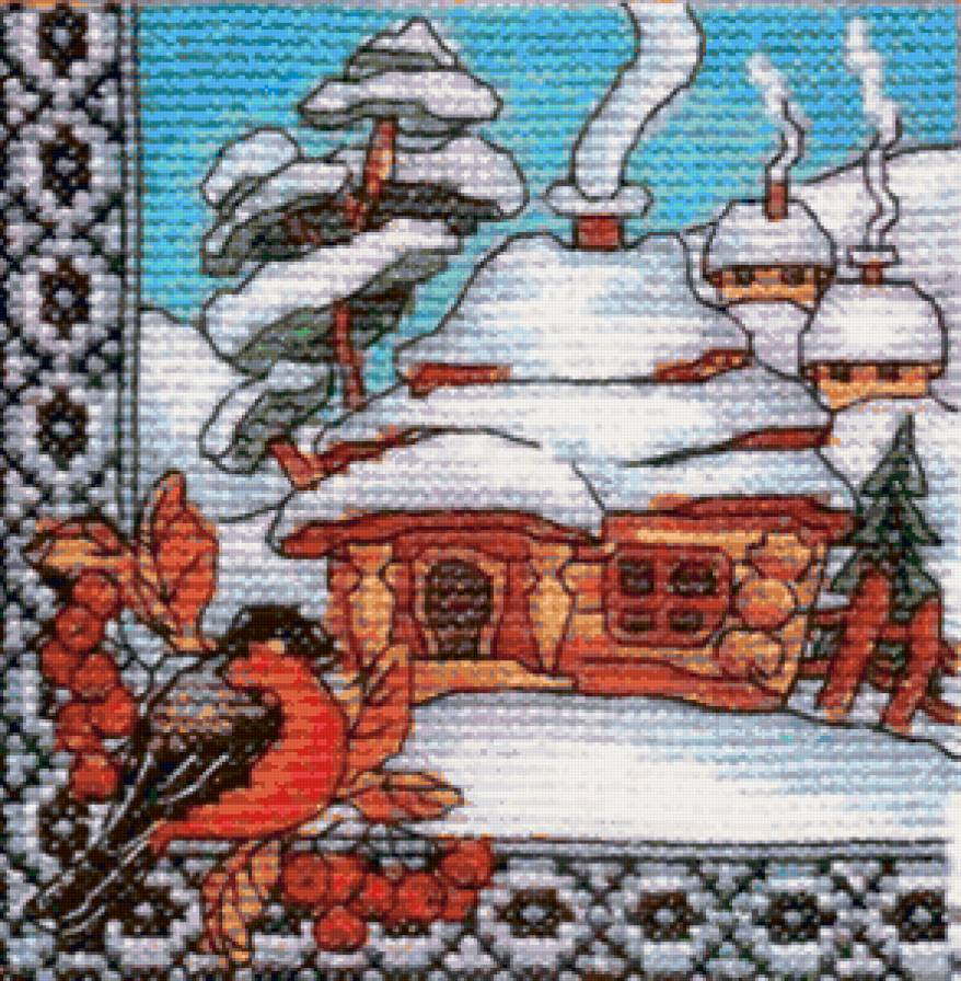 Зима - рябина, хата, домик, времена года, снегири, зима, снегирь - предпросмотр