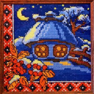 Украинская ночь - рябина, природа, ягодки, домик, снегирь, хата, зима, домики - оригинал