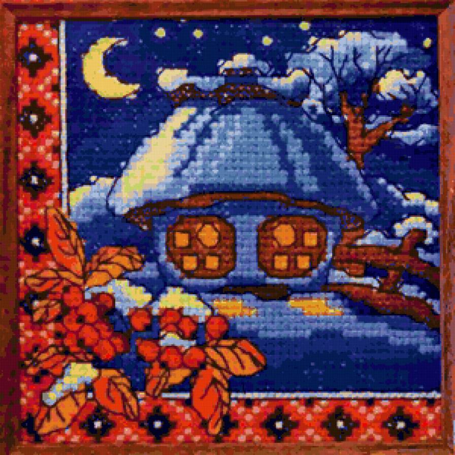 Украинская ночь - зима, хата, ягодки, домик, природа, снегирь, рябина, домики - предпросмотр