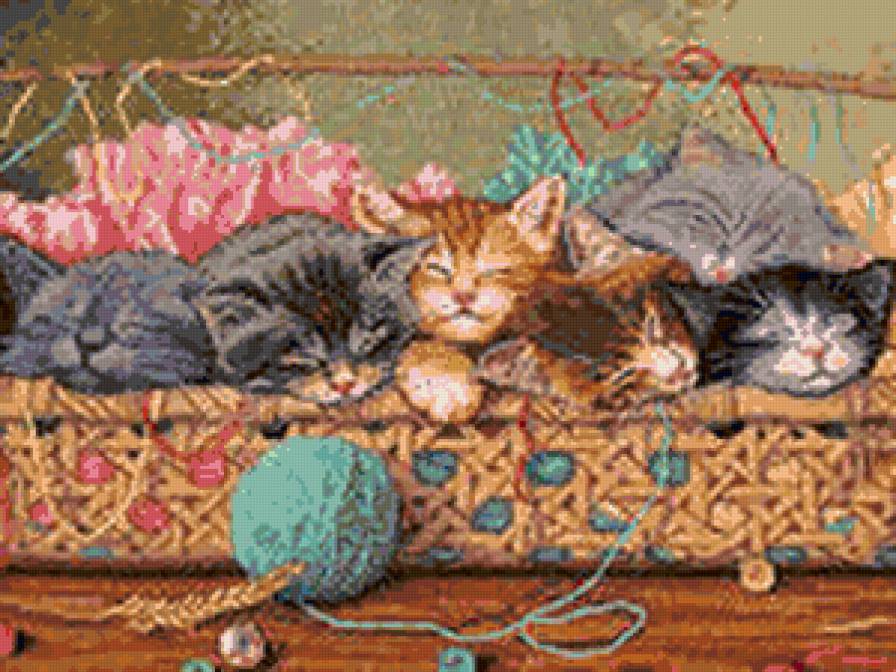 котята в лукошке - котята, пряжа, корзинка, клубок - предпросмотр