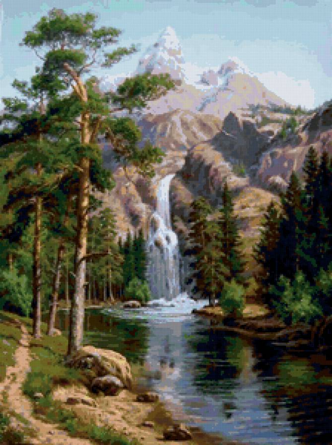 горный водопад - горы, деревья, сосны, природа, лес, водопад, вода, пейзаж - предпросмотр