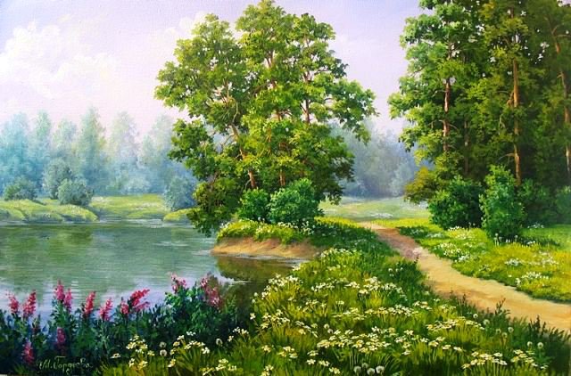 Летний день - природа, живопись, река, пейзаж, красота, цветы, лес, лето - оригинал