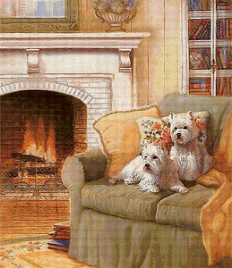 Вечер у камина - для библиотеки, пейзаж, животные, собаки, огонь, щенки - предпросмотр