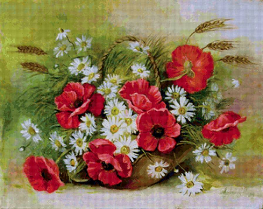 №136226 - цветы, ромашка, букет, мак - предпросмотр
