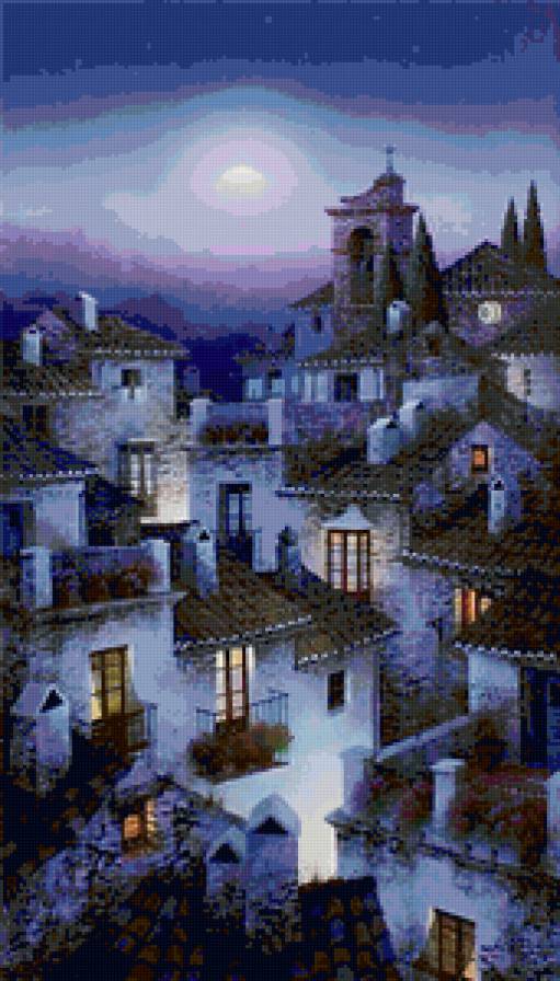 Ясная ночь - живопись, домики - предпросмотр