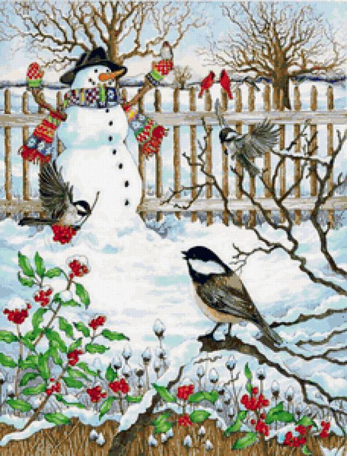 снеговик и птички - зима, снег, природа, птицы - предпросмотр