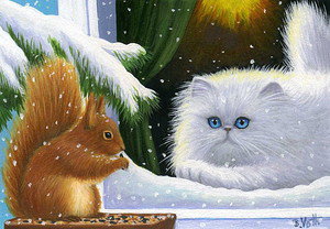 Кошка и белка - белка, кошки, рождество, зима, белки, белочка, кошка, снег, коты - оригинал