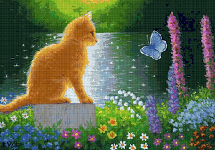 Кот и бабочка - озеро, кот, бабочки, животные, бабочка, коты, кошки - предпросмотр