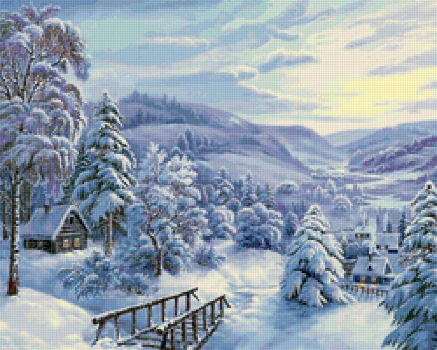 Деревенька - снег, зима, лес, природа, пейзаж, домик - предпросмотр