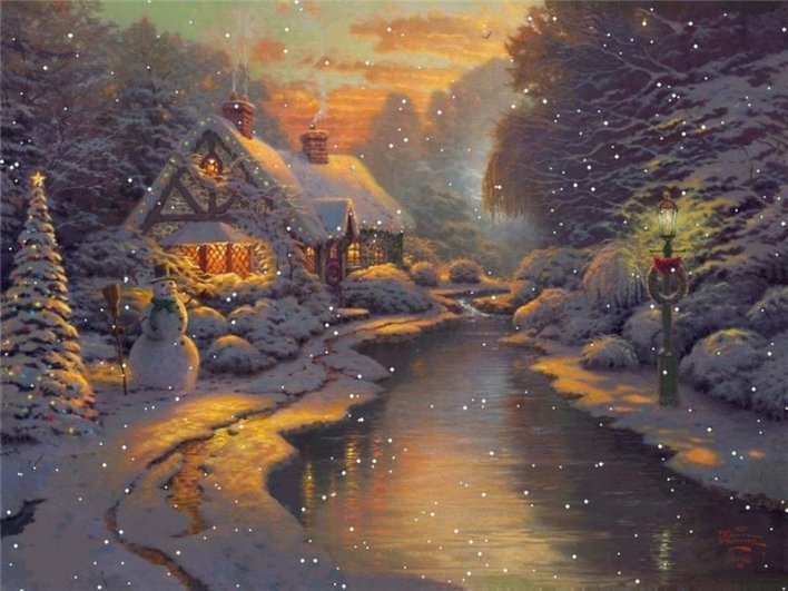 Зимний вечер - зима, пейзаж, домик - оригинал