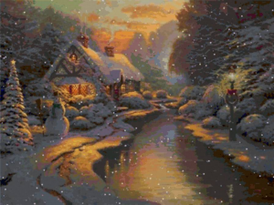 Зимний вечер - пейзаж, домик, зима - предпросмотр