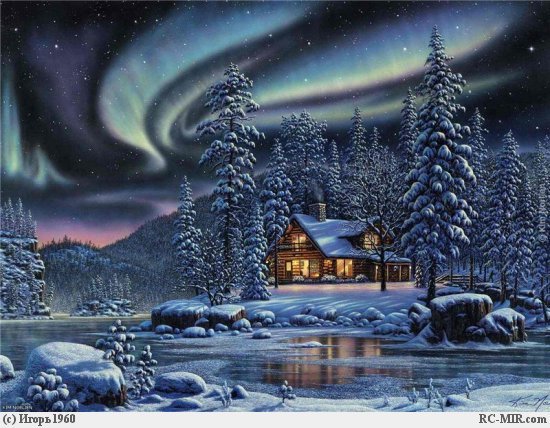 Зимний вечер - зима, пейзаж, домик - оригинал
