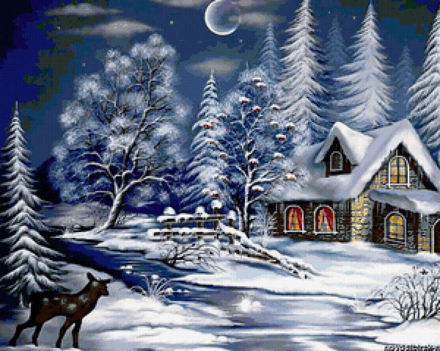 Зимняя ночь - зима, елочки, домики, ночь, рождество, снег - предпросмотр