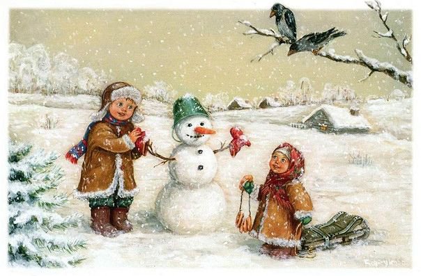 открытка - открытка, ретро, девочка, снеговик, зима - оригинал