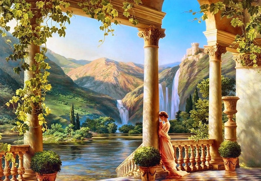 живопись - водопад, горы, женщина - оригинал