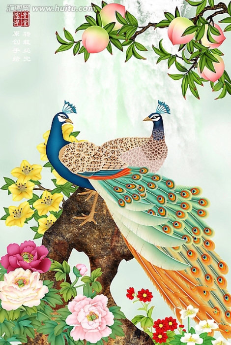 павлины - живопись, цветы, павлин, восток, природа, птицы - оригинал