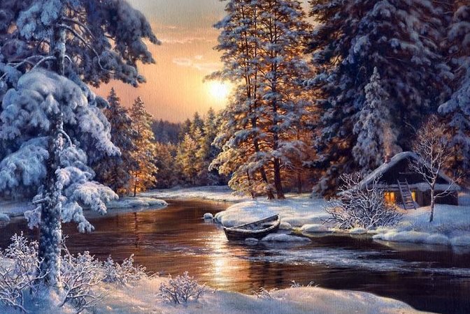 Зимний пейзаж с рекой - река, ночь, пейзаж, зима, лес - оригинал