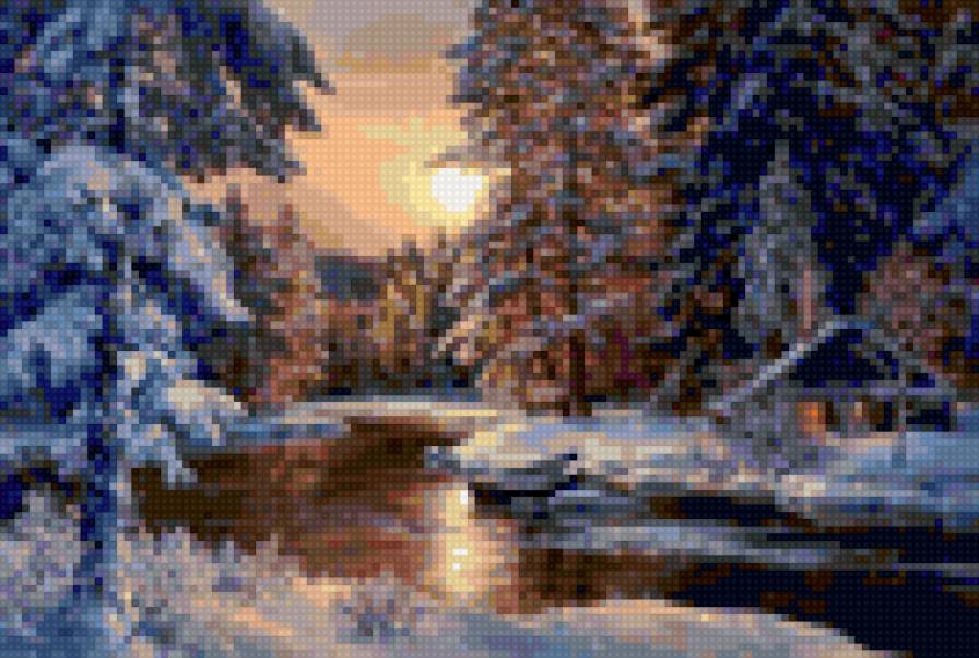 Зимний пейзаж с рекой - пейзаж, лес, зима, река, ночь - предпросмотр