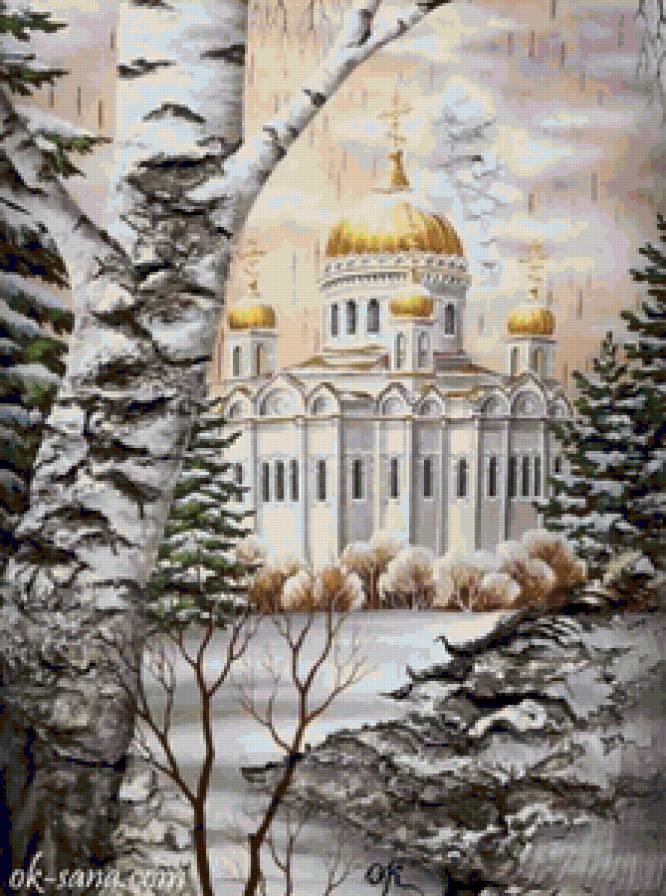 Храм - березы, храм, пейзаж, зима, церковь - предпросмотр