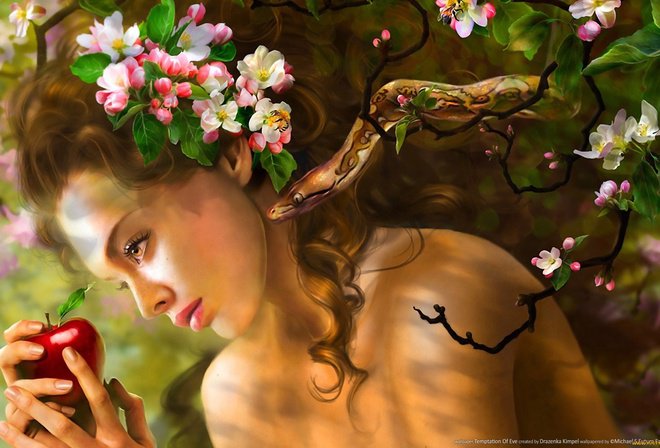 Змей искуситель - девушка, цветы, фэнтези - оригинал