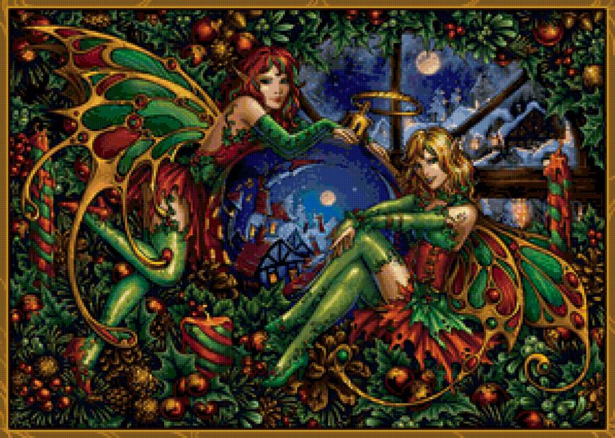 Эльфы в рождество - картина, фея, портрет, красота, фентази, девушка - предпросмотр