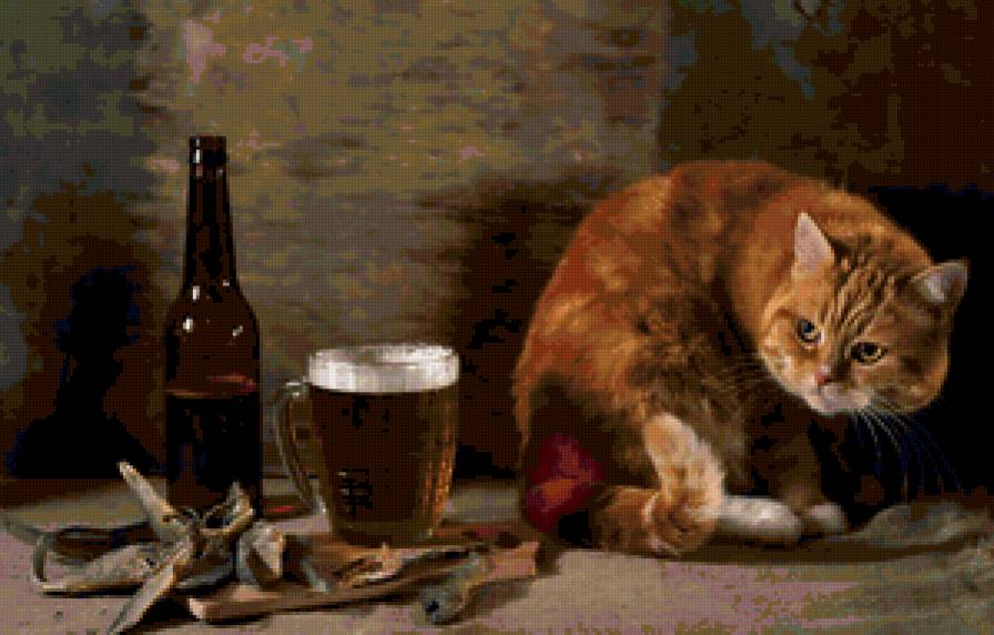 Рыжий кот и пиво - юмор, пиво, натюрморт, рыжий, кот - предпросмотр