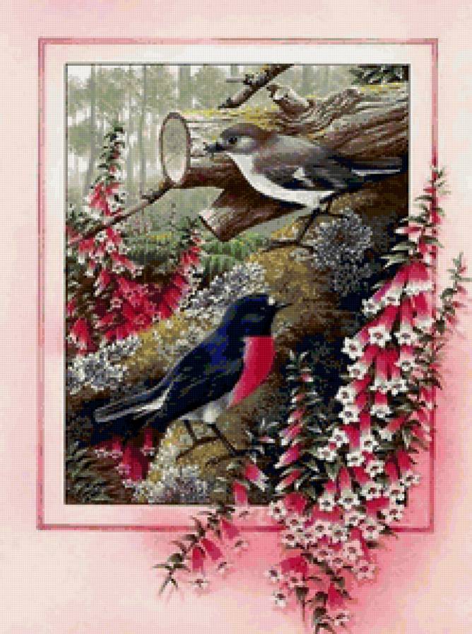 Две птички - птица, живопись, восток, семья - предпросмотр