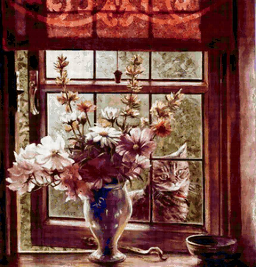 Котенок за окном - животные, кошка, цветы, окно - предпросмотр